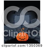 Poster, Art Print Of Carved Halloween Jackolantern Pumpkin Under A Blank Sign With Flying Bats At Night