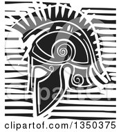 Poster, Art Print Of Black And White Woodcut Hoplight Grecian Spartan Soldier Helmet In Profile