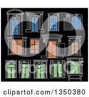 Clipart Of Black White Blue Orange And Green Vintage Window Designs Over Black Royalty Free Vector Illustration