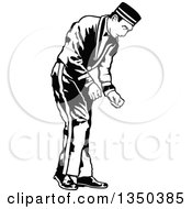 Clipart Of A Black And White Bellboy Or Bellhop Hotel Worker Man Bending Over Royalty Free Vector Illustration by dero