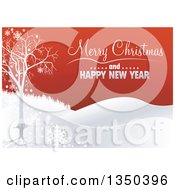 Poster, Art Print Of Merry Christmas And Happy New Year Greeting With A Bare Tree Snowflakes And Hills On Red