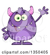Clipart Of A Cartoon Happy Purple Horned Monster Waving Royalty Free Vector Illustration