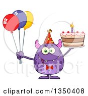 Poster, Art Print Of Happy Purple Horned Monster Holding A Birthday Cake And Party Balloons