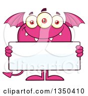Clipart Of A Pink Bat Winged Fork Tailed Monster Holding A Blank Sign Royalty Free Vector Illustration by Hit Toon