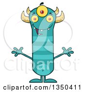 Clipart Of A Turquoise Three Eyed Horned And Striped Welcoming Happy Monster Royalty Free Vector Illustration