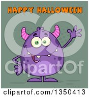Poster, Art Print Of Cartoon Happy Purple Horned Monster Waving Under Happy Halloween Text On Green