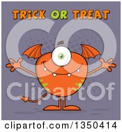 Poster, Art Print Of Bat Winged Fork Tailed Orange Monster With Open Arms With Trick Or Treat Text Over Purple