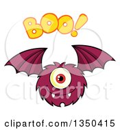 Poster, Art Print Of Furry Bat Winged Purple Cyclops Monster Flying With Boo Text