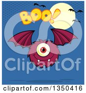 Poster, Art Print Of Furry Bat Winged Purple Cyclops Monster Flying With Boo Text Over Blue A Full Moon And Bats