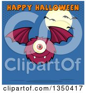 Poster, Art Print Of Furry Bat Winged Purple Cyclops Monster Flying With Happy Halloween Text Over Blue A Full Moon And Bats