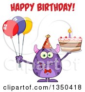 Clipart Of A Happy Birthday Greeting Over A Purple Horned Monster Holding A Cake And Party Balloons Royalty Free Vector Illustration