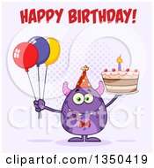 Poster, Art Print Of Happy Birthday Greeting Over A Purple Horned Monster Holding A Cake And Party Balloons On Purple