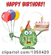 Happy Birthday Greeting Over A Green Horned Monster Holding A Cake And Party Balloons