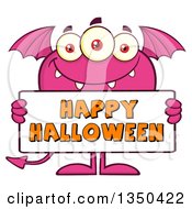 Poster, Art Print Of Pink Bat Winged Fork Tailed Monster Holding A Happy Halloween Sign