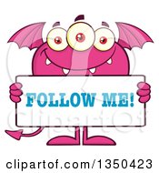 Poster, Art Print Of Pink Bat Winged Fork Tailed Monster Holding A Follow Me Sign