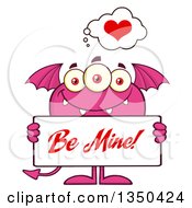 Poster, Art Print Of Pink Bat Winged Fork Tailed Monster Holding A Be Mine Valentine Sign