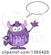 Clipart Of A Cartoon Happy Purple Horned Monster Talking And Waving Royalty Free Vector Illustration