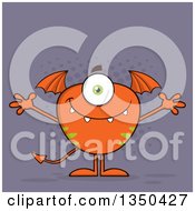 Poster, Art Print Of Bat Winged Fork Tailed Orange Monster With Open Arms Over Purple