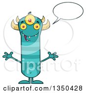 Poster, Art Print Of Talking Turquoise Three Eyed Horned And Striped Welcoming Happy Monster