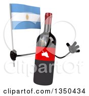 Clipart Of A 3d Wine Bottle Mascot Holding An Argentine Flag And Jumping Royalty Free Illustration