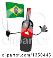Clipart Of A 3d Wine Bottle Mascot Holding A Brazilian Flag And Jumping Royalty Free Illustration
