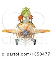 Clipart Of A 3d Green Dragon Aviator Pilot Flying A Yellow Airplane Royalty Free Illustration