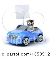 Clipart Of A 3d White Tiger Wearing Sunglasses Holding A Blank Sign And Driving A Blue Convertible Car To The Left Royalty Free Illustration