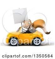 Clipart Of A 3d Business Squirrel Holding A Blank Sign And Driving A Yellow Convertible Car To The Left Royalty Free Illustration