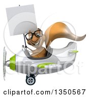 Clipart Of A 3d Bespectacled Squirrel Aviator Pilot Holding A Blank Sign And Flying A White And Green Airplane To The Left Royalty Free Illustration