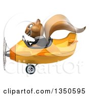 Clipart Of A 3d Business Squirrel Aviator Pilot Flying A Yellow Airplane To The Left Royalty Free Illustration
