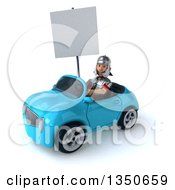 Clipart Of A 3d Young Male Roman Legionary Soldier Holding A Blank Sign And Driving A Blue Convertible Car To The Left Royalty Free Illustration