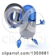Clipart Of A 3d Happy Blue And White Pill Character Holding An Email Arobase At Symbol And Jumping Royalty Free Illustration