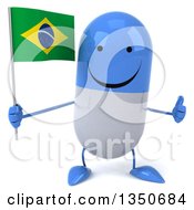 Clipart Of A 3d Happy Blue And White Pill Character Holding A Brazilian Flag And Giving A Thumb Up Royalty Free Illustration