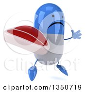 Clipart Of A 3d Unhappy Blue And White Pill Character Holding A Beef Steak And Jumping Royalty Free Illustration