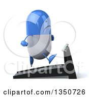 Clipart Of A 3d Unhappy Blue And White Pill Character Running On A Treadmill Royalty Free Illustration