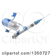 Clipart Of A 3d Blue And White Pill Character Surfing On A Vaccine Syringe Royalty Free Illustration by Julos