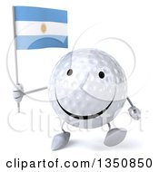 Clipart Of A 3d Happy Golf Ball Character Holding An Argentine Flag And Walking Royalty Free Illustration