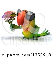 Clipart Of A 3d Green Macaw Parrot Wearing Sunglasses And Holding A Flower Bouquet Royalty Free Illustration
