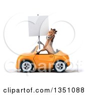 Clipart Of A 3d Brown Horse Holding A Blank Sign And Driving An Orange Convertible Car To The Left Royalty Free Illustration