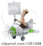 Clipart Of A 3d Brown Cowboy Horse Aviator Pilot Holding A Blank Sign And Flying A White And Green Airplane To The Left Royalty Free Illustration