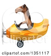Clipart Of A 3d Brown Horse Aviator Pilot Flying A Yellow Airplane To The Left Royalty Free Illustration