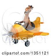 Clipart Of A 3d Brown Horse Aviator Pilot Flying A Yellow Airplane To The Left Royalty Free Illustration