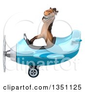 Clipart Of A 3d Brown Horse Aviator Pilot Flying A Blue Airplane To The Left Royalty Free Illustration