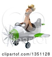 Clipart Of A 3d Brown Cowboy Horse Aviator Pilot Flying A White And Green Airplane To The Left Royalty Free Illustration