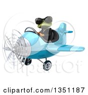 Clipart Of A 3d Green Business Springer Frog Aviator Pilot Wearing Sunglasses And Flying A Blue Airplane To The Left Royalty Free Illustration