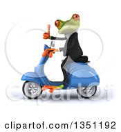 Clipart Of A 3d Green Business Springer Frog Giving A Thumb Up And Riding A Blue Scooter To The Left Royalty Free Illustration