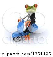 Clipart Of A 3d Green Business Springer Frog Riding A Blue Scooter To The Left Royalty Free Illustration