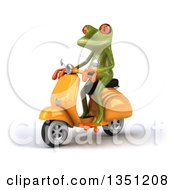 Clipart Of A 3d Green Springer Frog Riding A Yellow Scooter To The Left Royalty Free Illustration