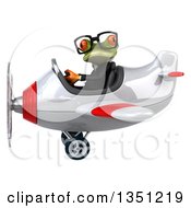 Clipart Of A 3d Bespectacled Green Business Springer Frog Aviator Pilot Flying A White And Red Airplane To The Left Royalty Free Illustration