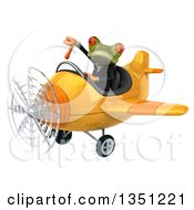 Clipart Of A 3d Green Business Springer Frog Aviator Pilot Giving A Thumb Down And Flying A Yellow Airplane To The Left Royalty Free Illustration